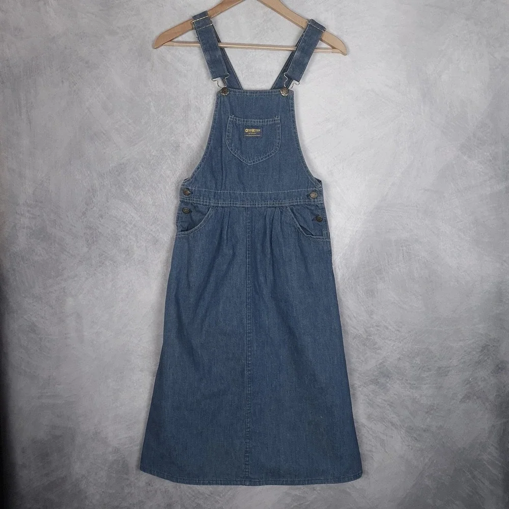 Vintage OshKosh Denim Overall Dress Girls 6 Jumper USA 90s Prairie Farm Cottage